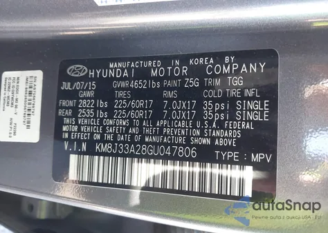 2016 Hyundai Tucson Eco from USA, damaged, VIN KM8J33A28GU047806